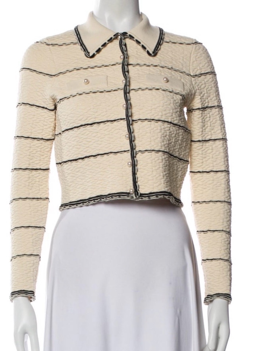 Sandro Cream Tweed Cropped Cardigan With Black Trim And Pearl Buttons